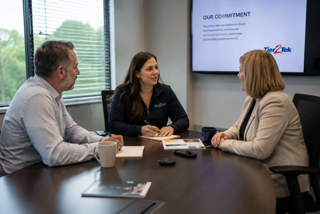 Tier2Tek Staffing senior recruiter meeting with hiring managers to discuss hiring goals, recruitment strategy, and talent acquisition.