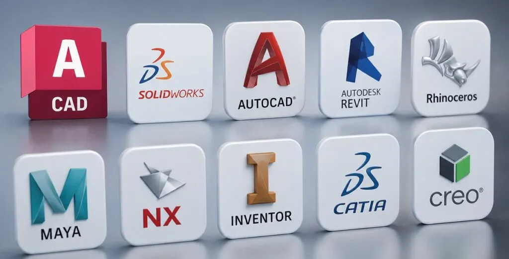 Professional CAD software icons including AutoCAD, Revit, SOLIDWORKS, CATIA, Inventor, Creo, NX, Rhino, and Maya, representing engineering, architecture, and product design expertise.