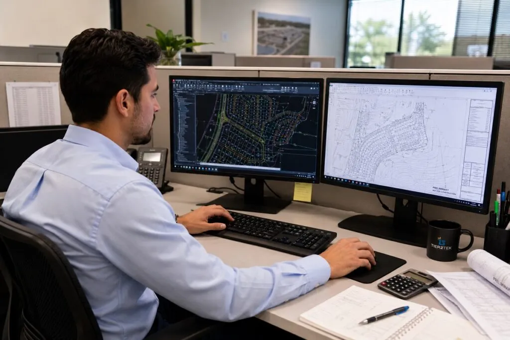 CAD drafter using AutoCAD on dual monitors to create residential land development and site plans.
