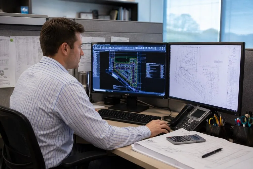 CAD drafter using AutoCAD on dual monitors to design residential land development and engineering plans.