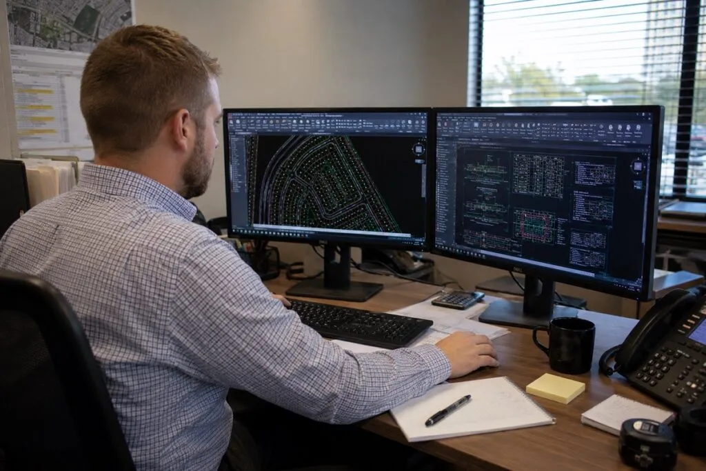 CAD drafter using AutoCAD on dual monitors to create residential land development and engineering site plans.