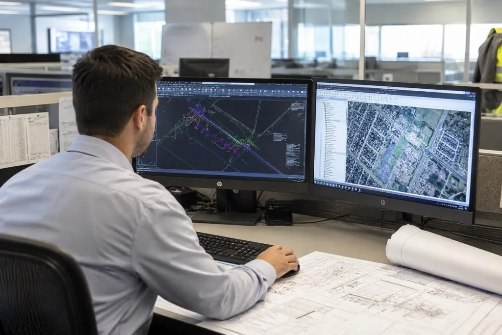 CAD specialist creating land survey drawings and site layouts using CAD software for accurate land surveying and engineering projects.