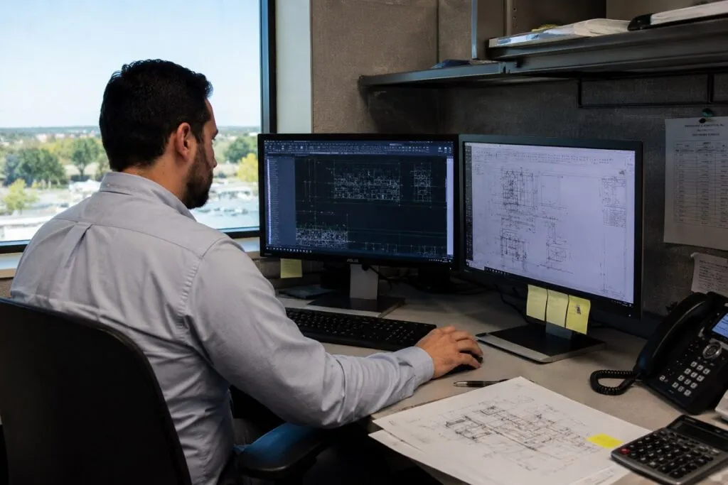 CAD drafter creating residential land development and site plans on dual monitors for engineering projects.