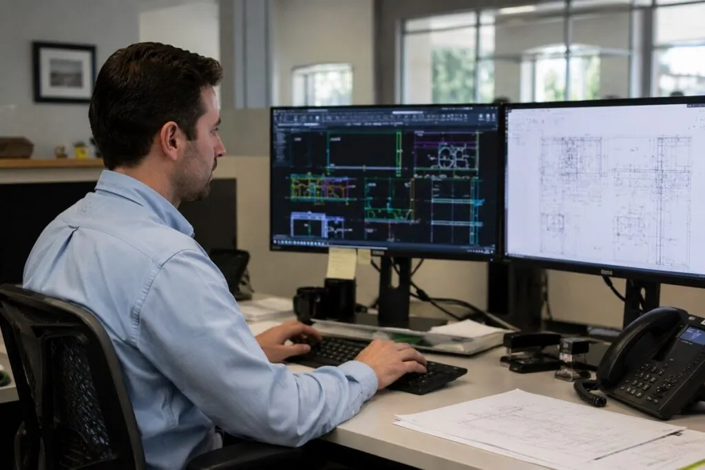 CAD drafter creating detailed technical drawings on dual monitors for engineering and design projects.
