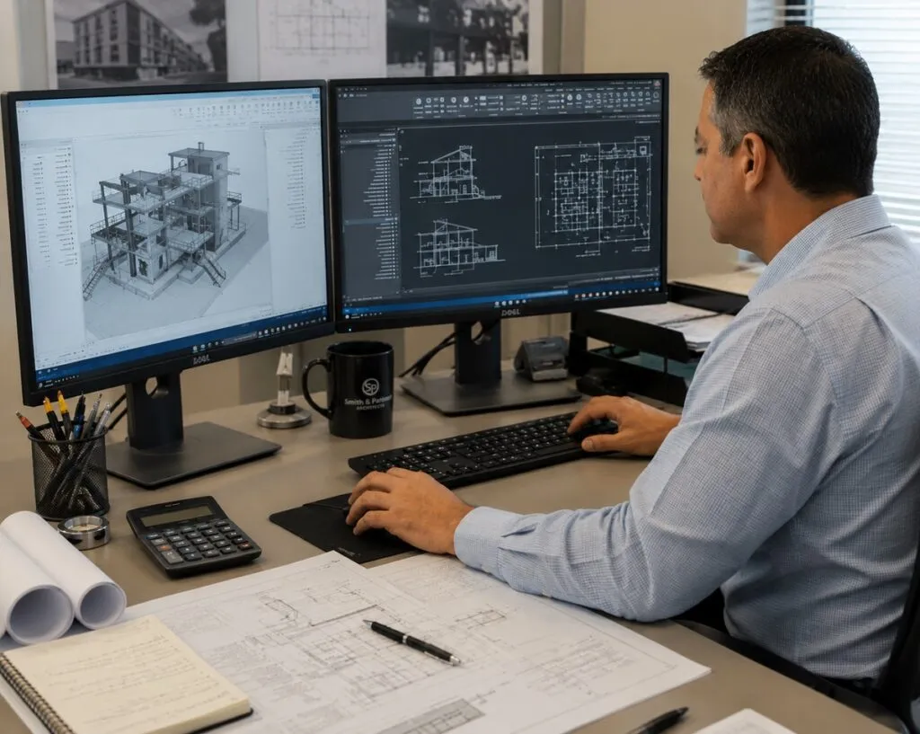 CAD designer creating 2D site plans and 3D models on dual monitors for engineering and construction projects.