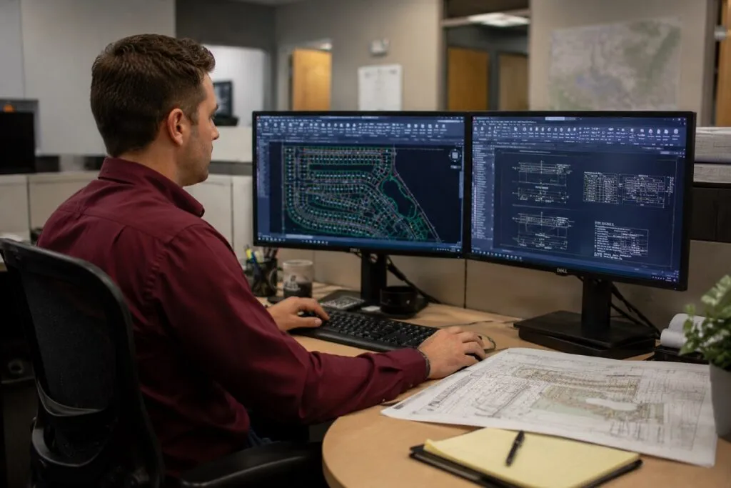 CAD drafter using AutoCAD on dual monitors to create residential land development and engineering site plans.
