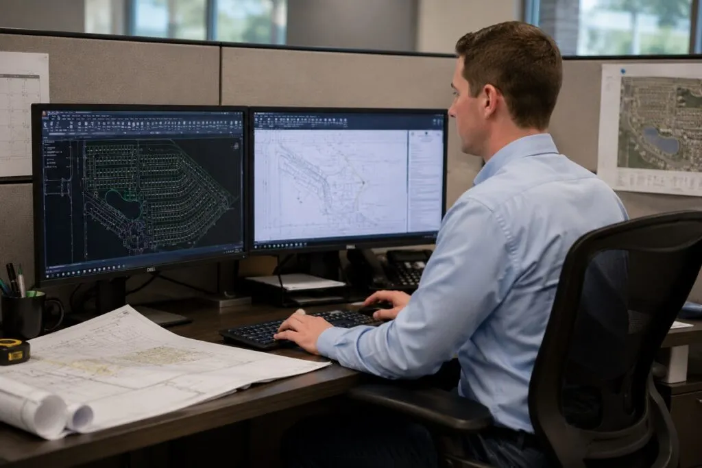 CAD drafter creating residential land development plans on dual monitors for engineering projects.