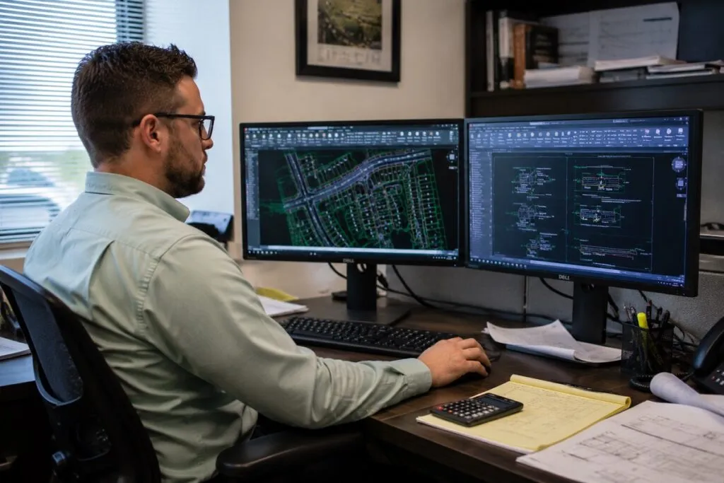 CAD drafter using AutoCAD on dual monitors to develop residential site plans and engineering drawings.