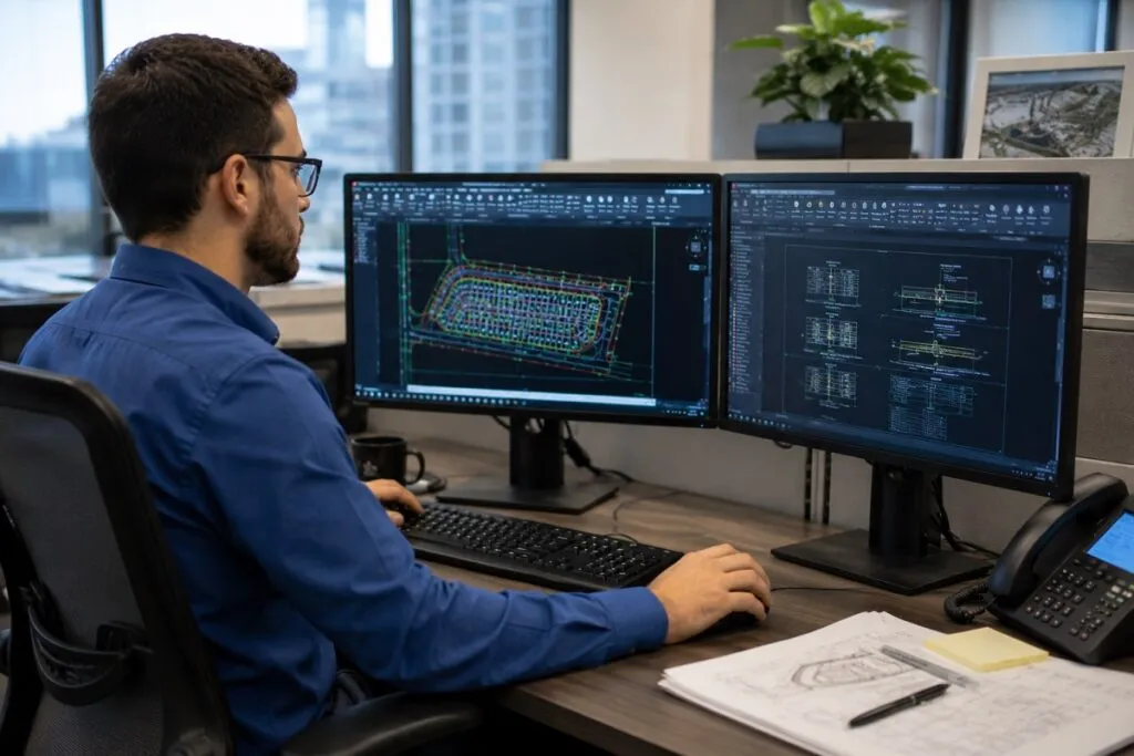 CAD drafter using AutoCAD on dual monitors to create residential land development and site engineering plans.