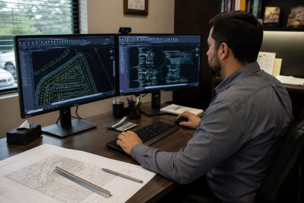 CAD drafter using AutoCAD on dual monitors to create residential land development and engineering site plans.