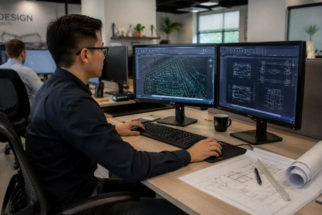 CAD technician working on technical drawings in AutoCAD using dual monitors.