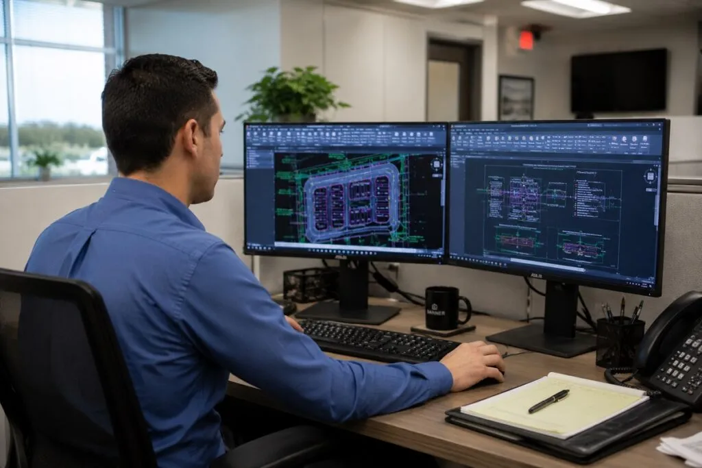 CAD drafter using AutoCAD on dual monitors to develop residential site plans and engineering drawings.
