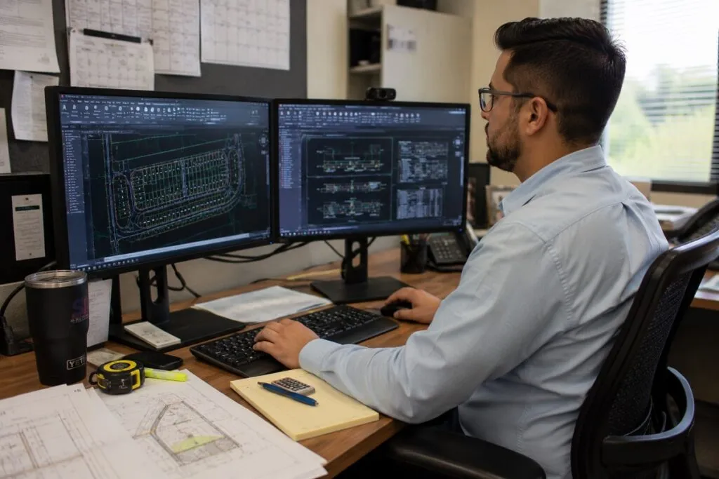 CAD drafter using AutoCAD on dual monitors to create residential land development and engineering site plans.