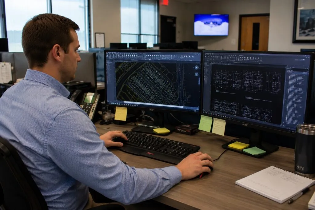 CAD drafter developing engineering drawings and technical designs in AutoCAD.