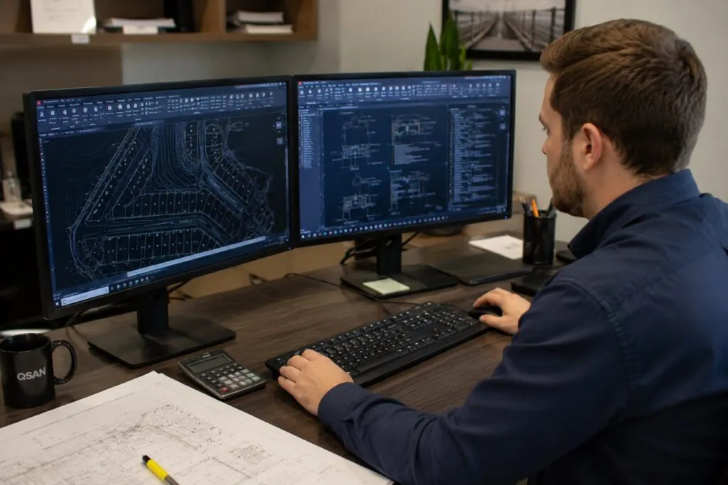 CAD drafter creating residential land development plans in AutoCAD on dual monitors.