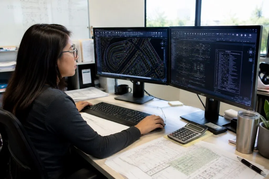CAD drafter using AutoCAD on dual monitors to design residential land development and engineering site plans.