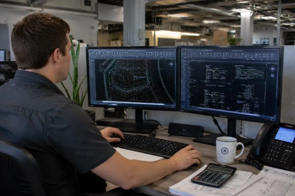 CAD drafter using AutoCAD on dual monitors to develop residential land development and engineering site plans.