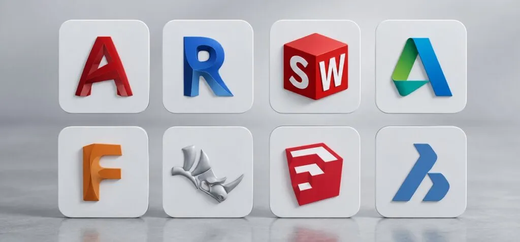 Popular CAD software icons representing engineering design, 3D modeling, BIM, and product development technologies used across manufacturing and engineering industries.