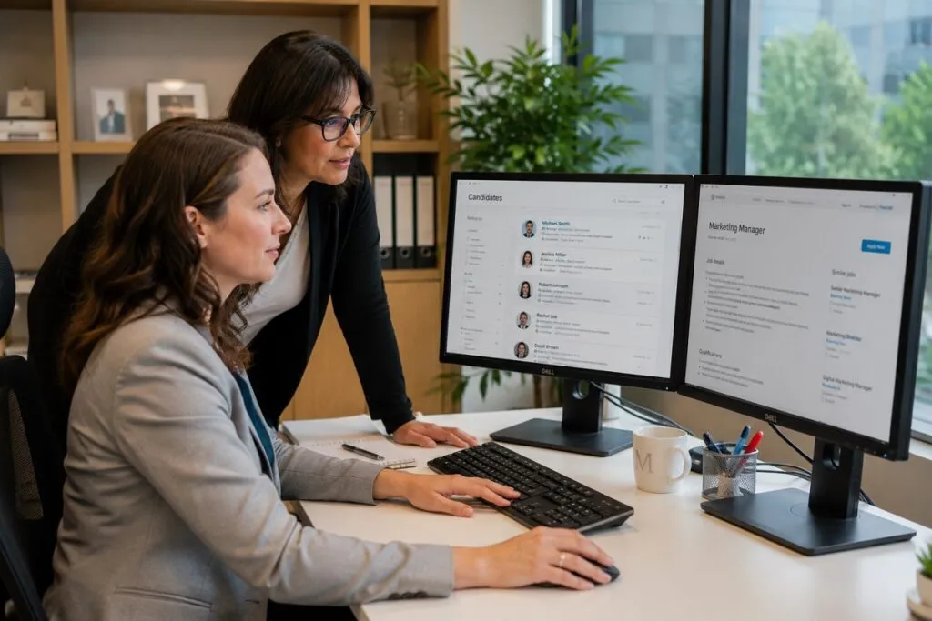 HR professionals reviewing candidate profiles and sourcing talent through online recruiting platforms and job boards.