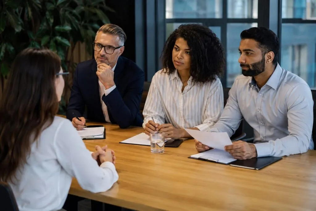 Hiring managers interviewing a job candidate while evaluating qualifications and making employment decisions for Jacksonville businesses.