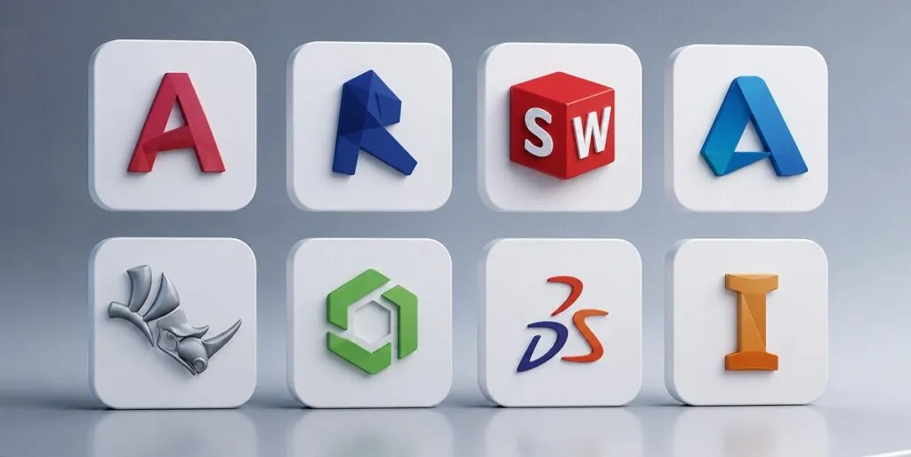 CAD software platform icons including AutoCAD, Revit, SOLIDWORKS, Inventor, Rhino, CATIA, and other engineering design tools representing CAD drafting, 3D modeling, and product development expertise.