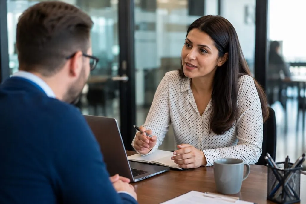 Hiring manager and candidate discussing a long term commitment for a critical role through direct hire staffing.