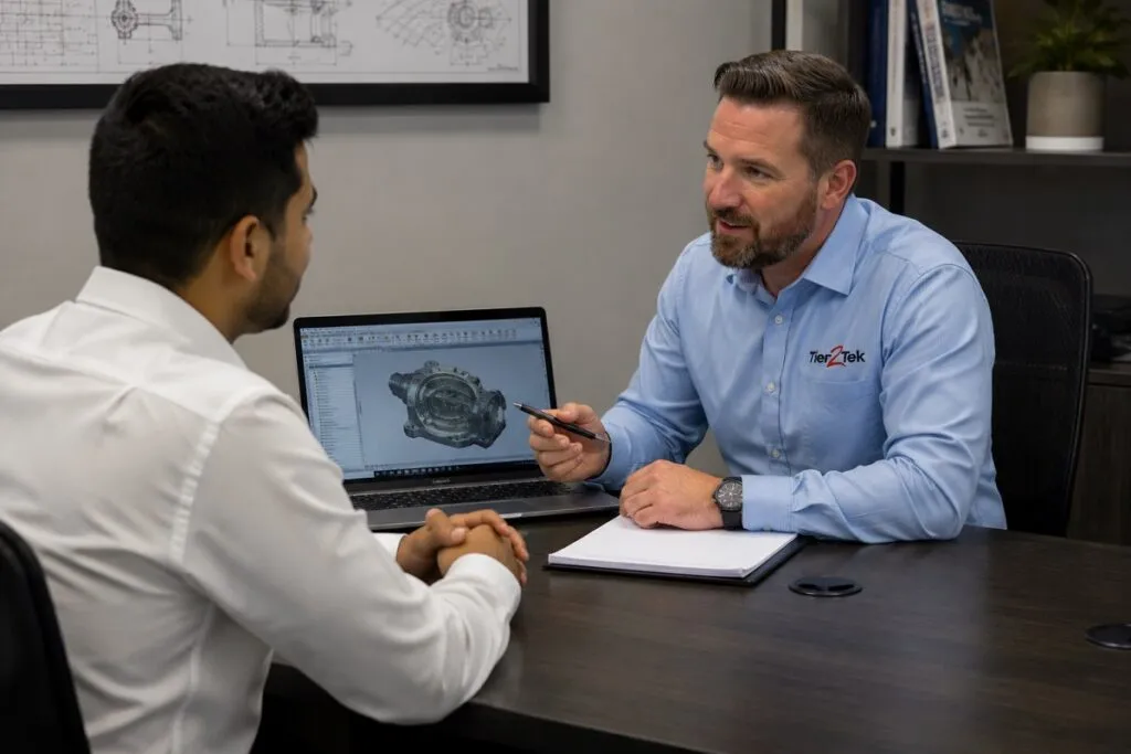 Tier2Tek CAD recruiter reviewing engineering design experience with a candidate during a technical interview.