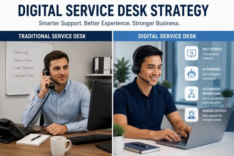 Digital Service Desk Strategy comparison showing traditional service desk support and modern digital service desk capabilities.
