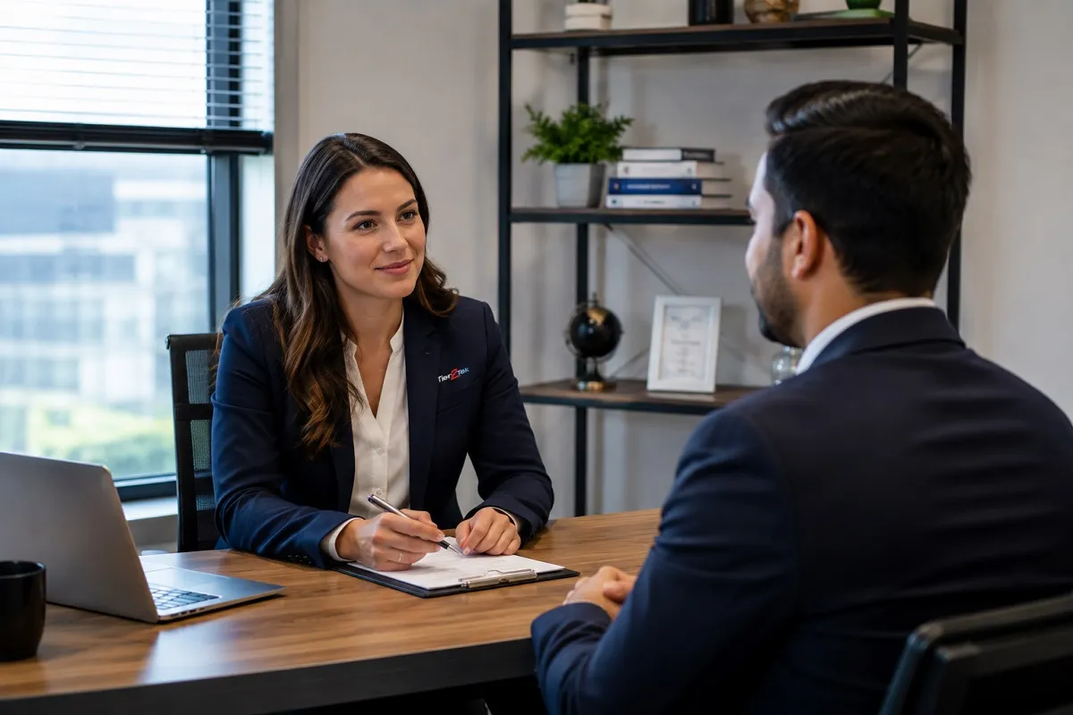 Tier2Tek recruiter interviewing an experienced IT or engineering candidate for a direct hire staffing opportunity with a professional hiring process.