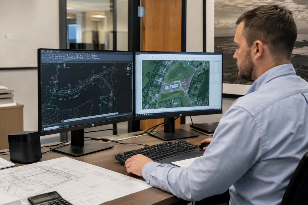 CAD technician reviewing land surveying data and site plans on dual monitors for project design and drafting.