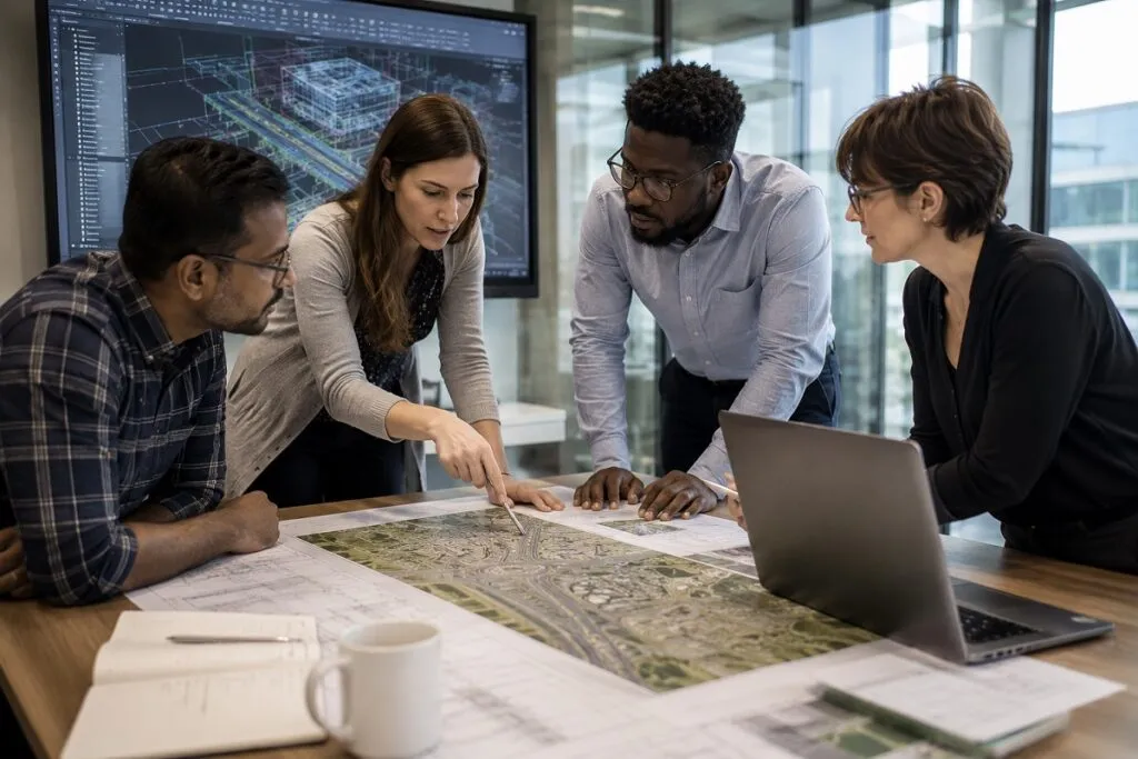 Project teams collaborating with GIS maps and CAD design data during urban planning review.