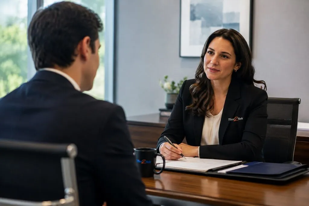 Experienced Tier2Tek recruiter interviewing a CAD engineering candidate, evaluating technical qualifications and professional experience during the hiring process.