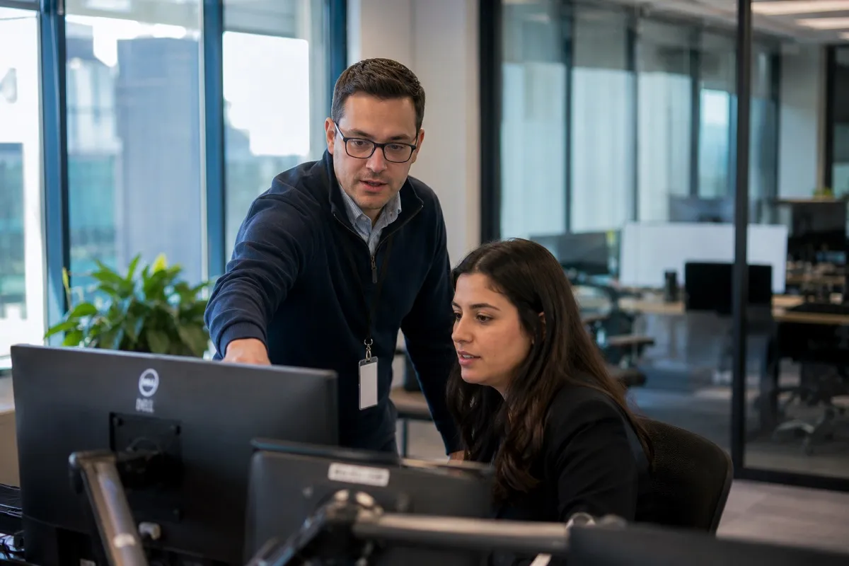 Desktop support technician assisting an end user with computer troubleshooting and technical support to resolve a workplace IT issue.