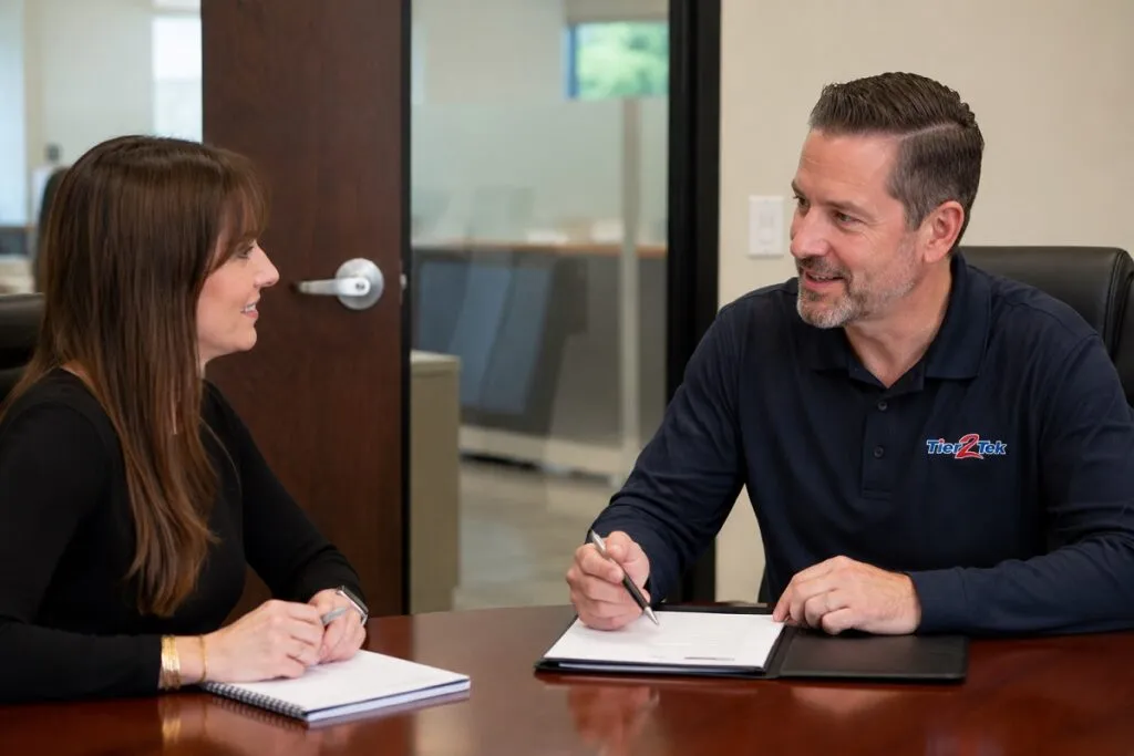 Senior Tier2Tek recruiter meeting with a hiring manager to discuss staffing needs and qualified candidate hiring solutions with confidence.