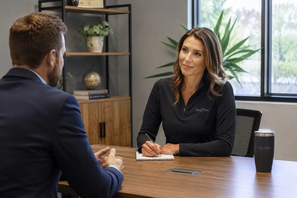 CAD recruiter interviewing an experienced engineering candidate to identify top CAD design and drafting talent for specialized technical roles.