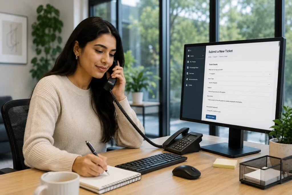 Employee submitting a support ticket through a digital service desk platform for workplace assistance.
