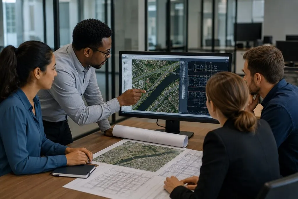 GIS and CAD integration team reviewing urban planning maps and technical designs.