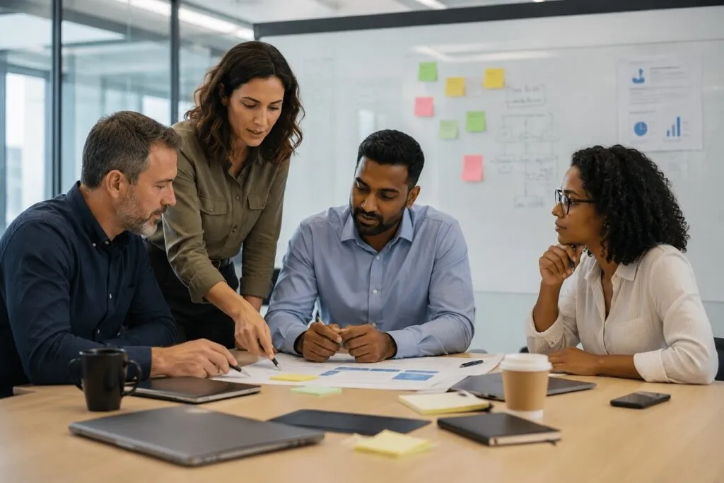 Management team planning a digital service desk strategy to improve employee support, automation, and service delivery.