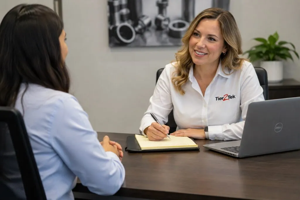Tier2Tek recruiter interviewing a candidate to evaluate professional experience, technical skills, and career objectives.