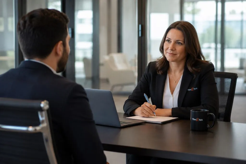 Tier2Tek recruiter interviewing a CAD candidate, reviewing qualifications, technical experience, and problem-solving skills during the hiring evaluation process.