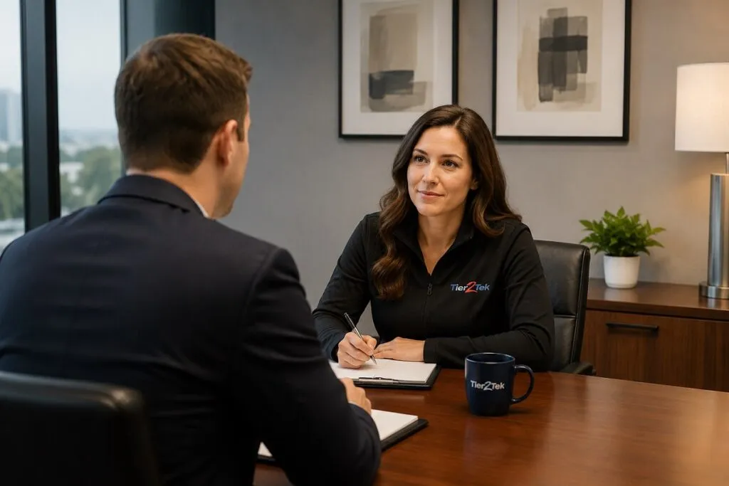 Tier2Tek recruiter interviewing a CAD candidate, reviewing qualifications, technical experience, and problem-solving skills during the hiring process.