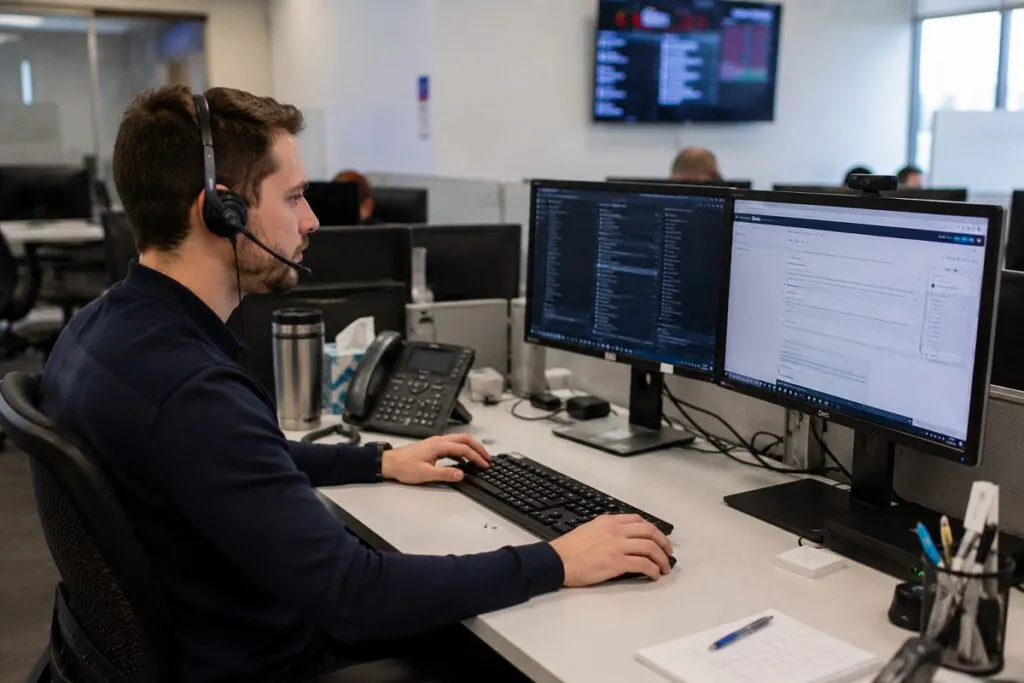 IT support technician wearing a headset and using dual monitors to resolve technical issues for end users.