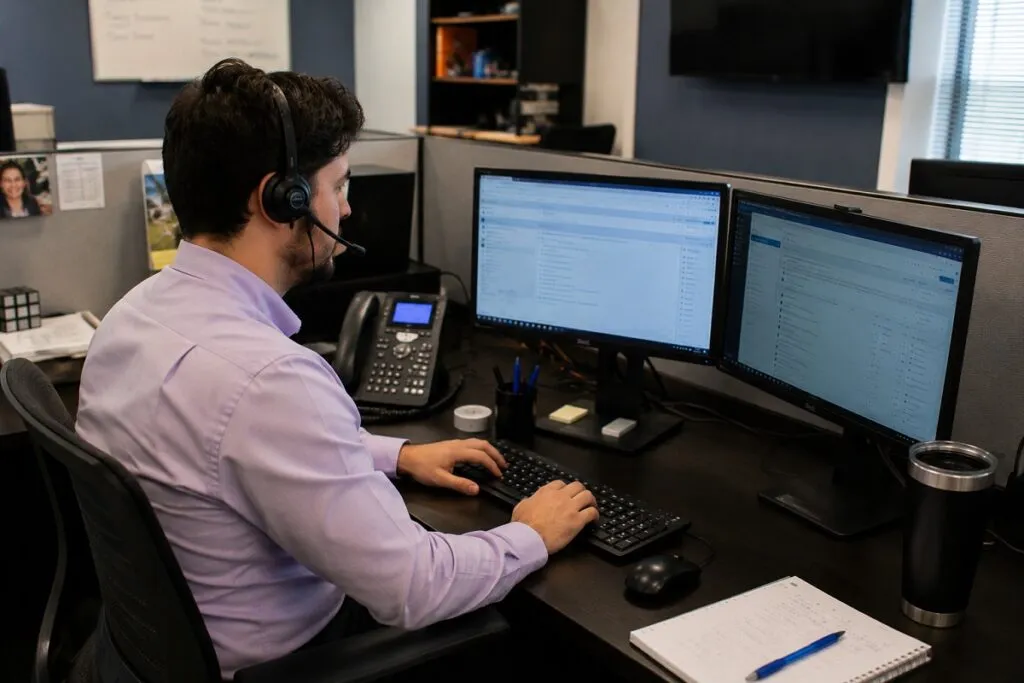 IT support technician providing desktop support at a dual monitor workstation, representing Tier2Tek Staffing IT support recruiting services.