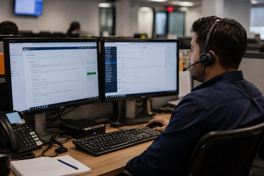 IT support specialist using a headset and dual monitors to assist users, representing Tier2Tek IT support staffing solutions.