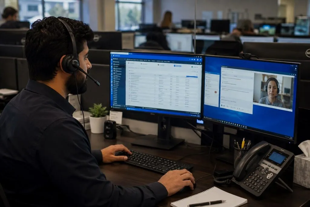 IT support specialist wearing a professional long sleeve shirt and headset while assisting users at a dual monitor workstation in a corporate help desk environment.