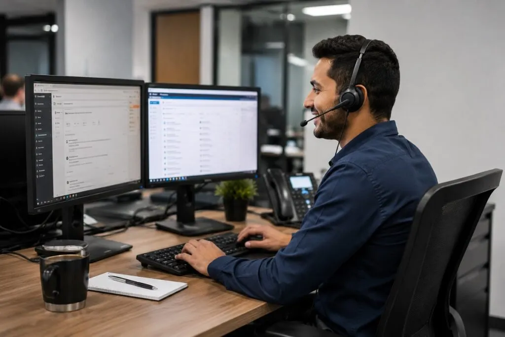 IT Support Specialist providing remote technical support with a headset while managing service requests on dual monitors.