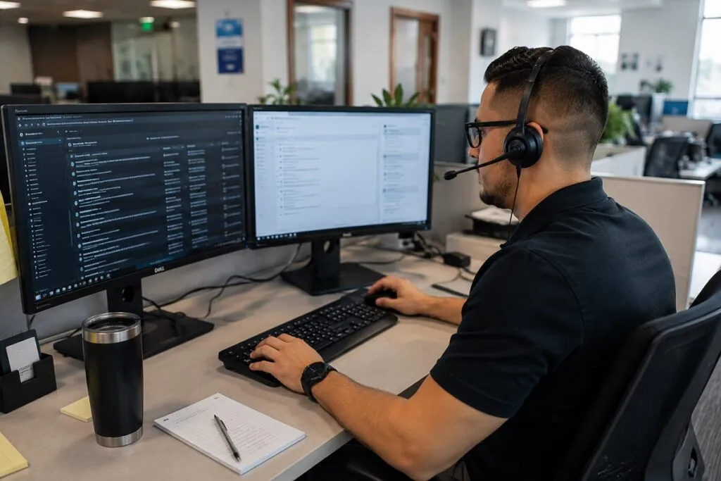 IT help desk technician wearing a headset and using dual monitors to provide technical support and troubleshoot user issues.