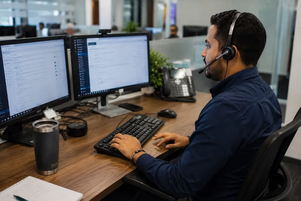 IT support specialist wearing a headset and professional attire assisting users with dual monitors for IT support staffing.