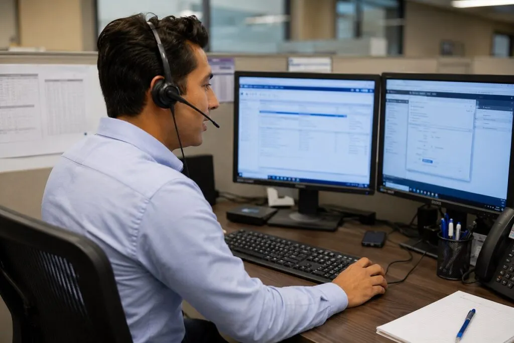 IT support specialist providing remote technical support to an end user using a headset and dual monitors for fast issue resolution.