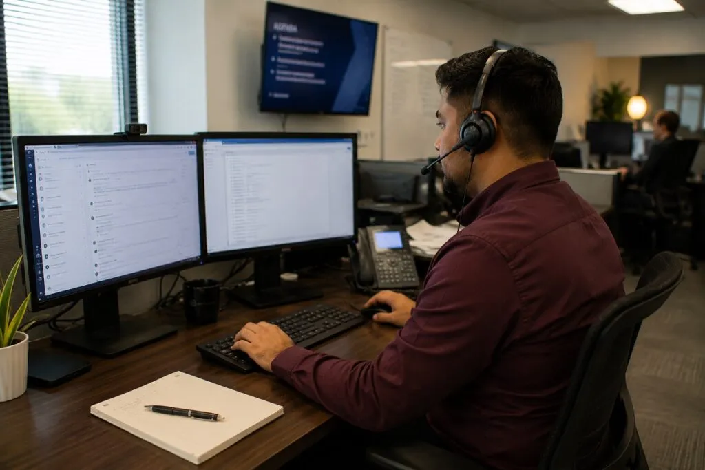 Desktop support technician providing IT help desk support at a dual monitor workstation for enterprise end users.
